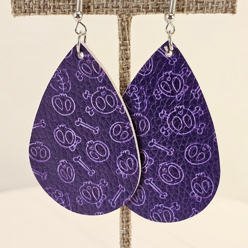 Halloween Bones Skull Faux Leather Teardrop Dangle Earrings Purple New 2.5"